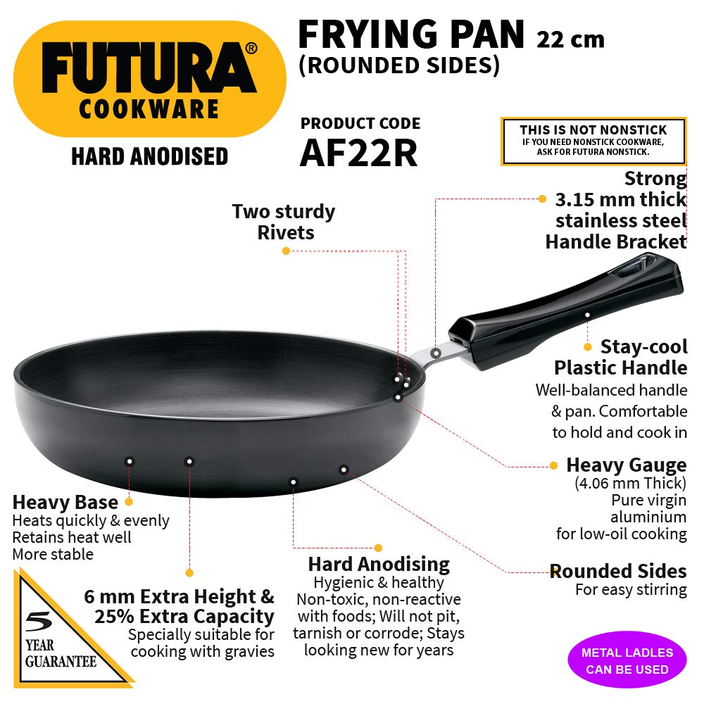 Hawkins l08 Futura Hard Anodised Round Frying Pan, 22cm Black, 22 cm