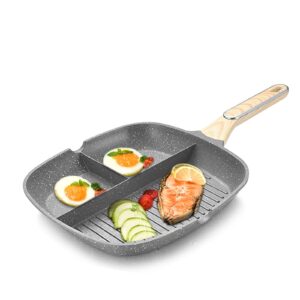 justup nonstick grill pan, 3-in-1 egg pan 11 inch non stick skillet pan, heat resistant handle 3 section skillet pancake pan, divided pan cooking pan for breakfast, egg, bacon and burgers