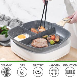 JUSTUP Nonstick Grill Pan, 3-in-1 Egg Pan 11 Inch Non Stick Skillet Pan, Heat Resistant Handle 3 Section Skillet Pancake Pan, Divided Pan Cooking Pan for Breakfast, Egg, Bacon and Burgers