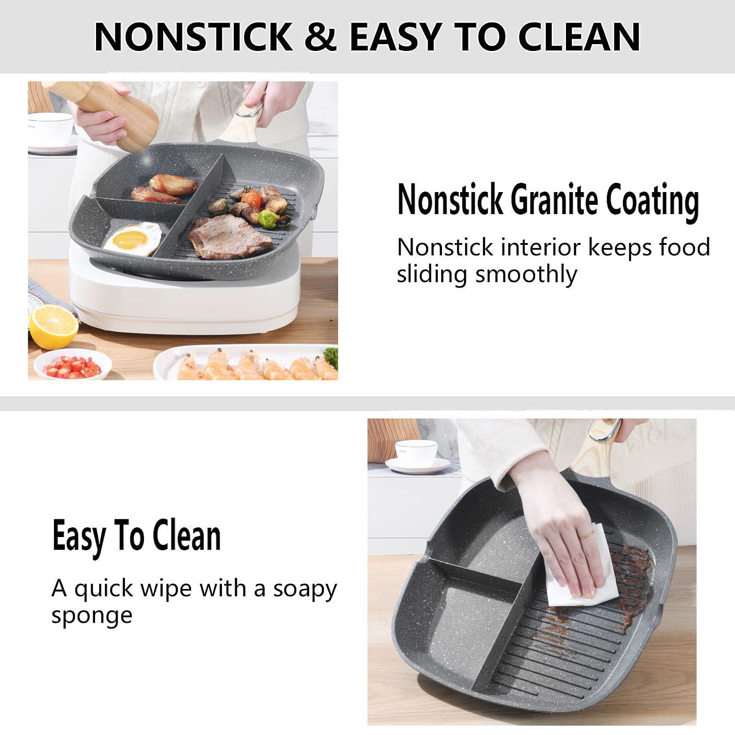 JUSTUP Nonstick Grill Pan, 3-in-1 Egg Pan 11 Inch Non Stick Skillet Pan, Heat Resistant Handle 3 Section Skillet Pancake Pan, Divided Pan Cooking Pan for Breakfast, Egg, Bacon and Burgers