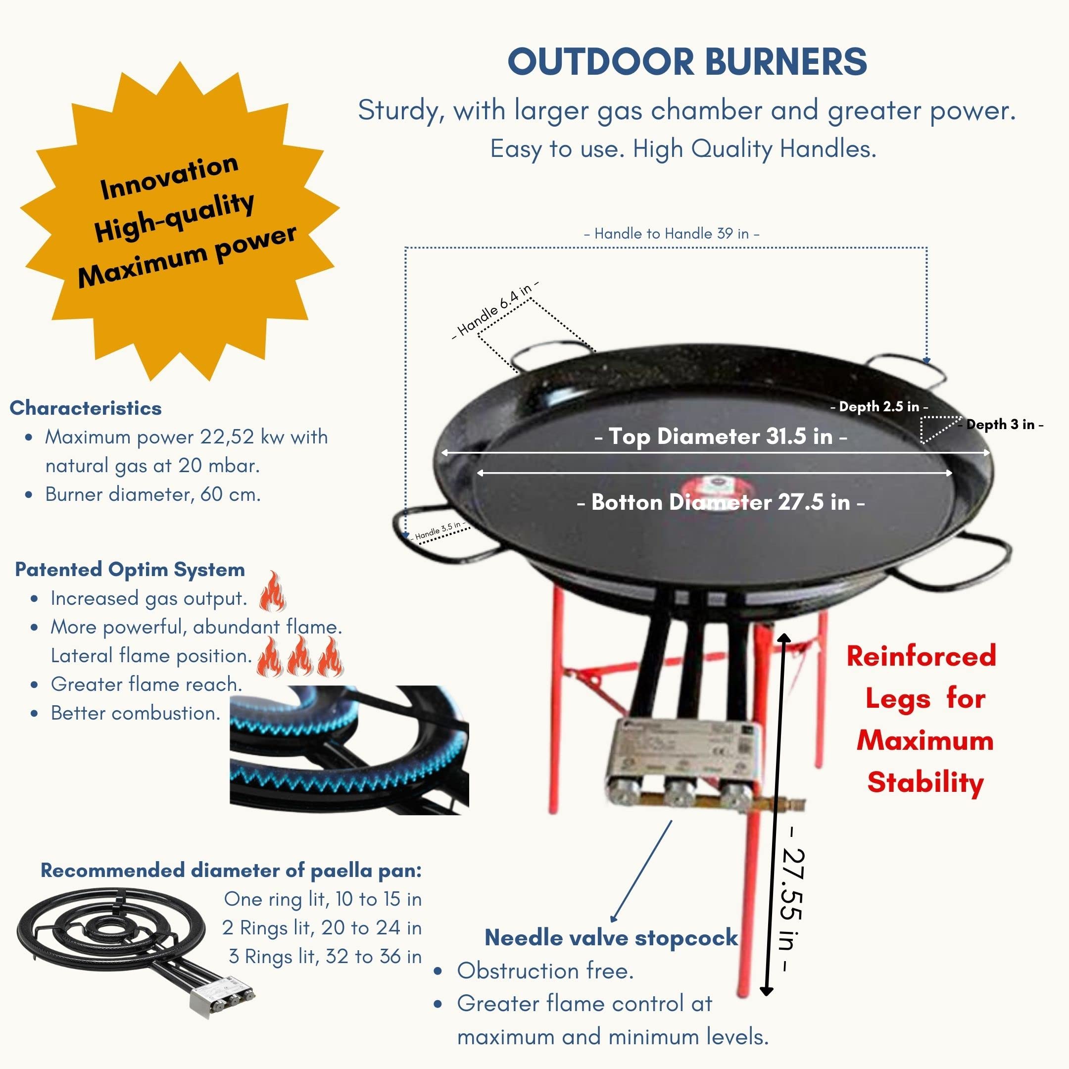 Vaello by Castevia Imports Paella Pan Enamelled + Paella Gas Burner and Stand Set - Complete Paella Kit for up to 40 Servings (Nonstick)