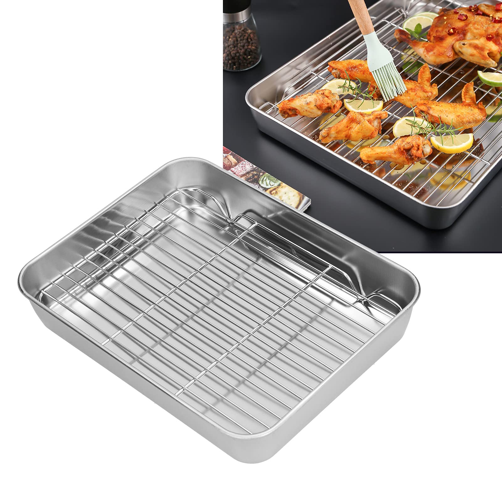 Roasting Pan, Stainless Steel Rectangular Baking Pan and Rack for Cooking Baking(23.5 * 17.5 * 5CM)