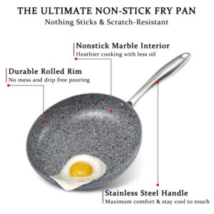 MICHELANGELO 8 Inch + 10 Inch + 12 Inch Frying Pan with Lid, Stone Skillets, Nonstick Stone Frying Pan with Stone-Derived Coating, Granite Frying Pan, Nonstick Frying Pans Set