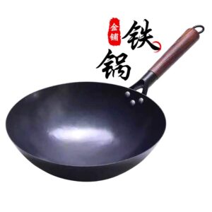 serenita chinese 100% hand hammered iron woks stir fry pans, non-stick, no coating, less oil, 30cm, black seasoned wooden handle