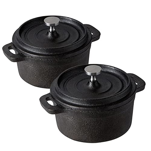 Bruntmor Enameled Dutch Oven Pot With Lid Set Of 2 in Black | Double Cocotte Cast Iron Dutch Oven/Deep Crock pots .8 Oz Mini Staub Cocotte | Seasoned Cast Non Stick Skillet Bean Cooking Gifts.