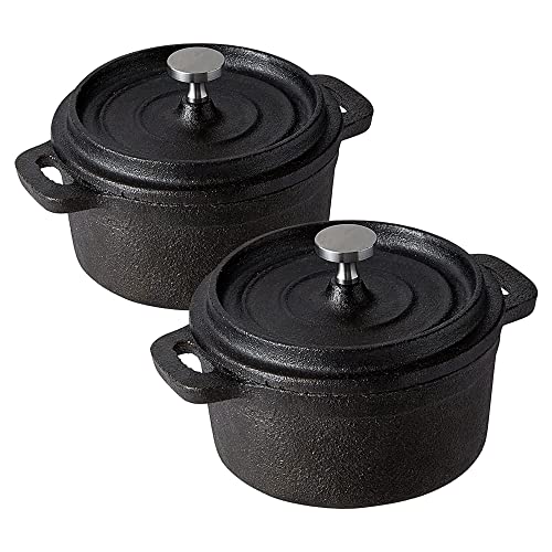 Bruntmor Enameled Dutch Oven Pot With Lid Set Of 2 in Black | Double Cocotte Cast Iron Dutch Oven/Deep Crock pots .8 Oz Mini Staub Cocotte | Seasoned Cast Non Stick Skillet Bean Cooking Gifts.