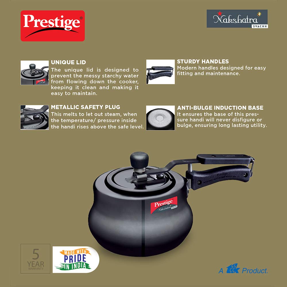 Prestige 3 Litres Nakshatra Plus Svachh Induction Base Inner Lid Hard Anodized Pressure Cooker | Black | Deep lid Spillage Control | Handi | Anti-Bulge Base | Sturdy Handle