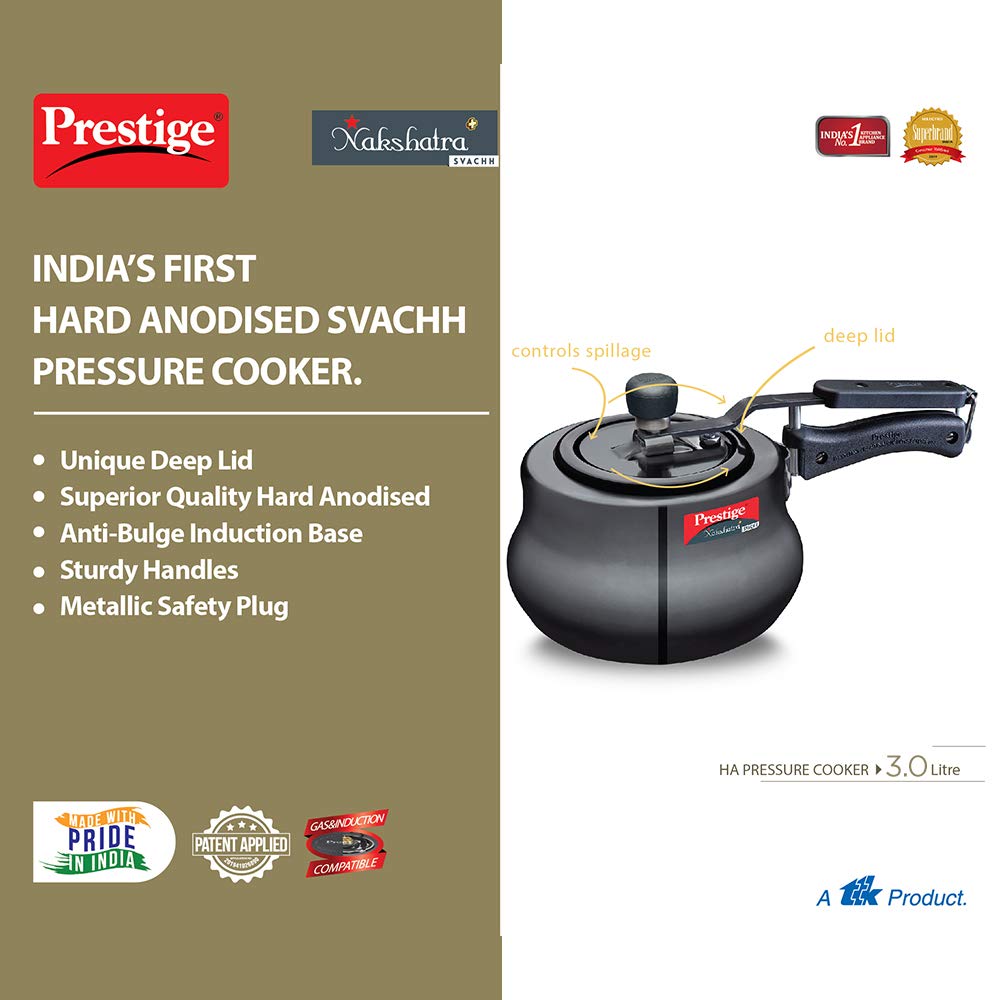 Prestige 3 Litres Nakshatra Plus Svachh Induction Base Inner Lid Hard Anodized Pressure Cooker | Black | Deep lid Spillage Control | Handi | Anti-Bulge Base | Sturdy Handle