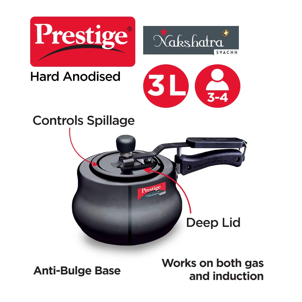 Prestige 3 Litres Nakshatra Plus Svachh Induction Base Inner Lid Hard Anodized Pressure Cooker | Black | Deep lid Spillage Control | Handi | Anti-Bulge Base | Sturdy Handle