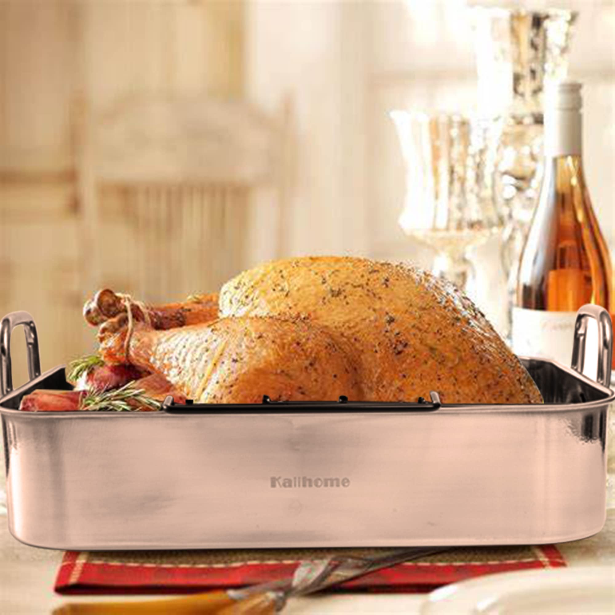 Kaiihome Roasting Pan with Nonstick Rack - 16 inch Stainless Steel Rectangular Turkey Pan with Non-stick U-Shaped Rack, Turkey Roaster Pan for Thanksgiving Party