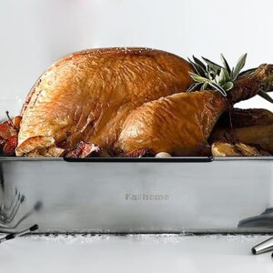 Kaiihome Roasting Pan with Nonstick Rack - 16 inch Stainless Steel Rectangular Turkey Pan with Non-stick U-Shaped Rack, Turkey Roaster Pan for Thanksgiving Party