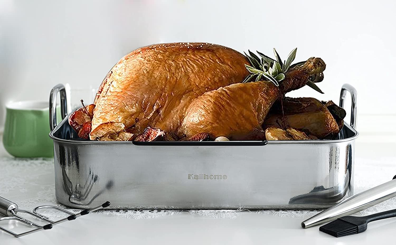 Kaiihome Roasting Pan with Nonstick Rack - 16 inch Stainless Steel Rectangular Turkey Pan with Non-stick U-Shaped Rack, Turkey Roaster Pan for Thanksgiving Party