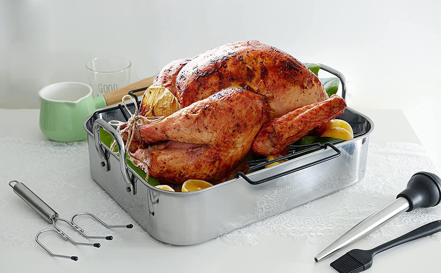 Kaiihome Roasting Pan with Nonstick Rack - 16 inch Stainless Steel Rectangular Turkey Pan with Non-stick U-Shaped Rack, Turkey Roaster Pan for Thanksgiving Party