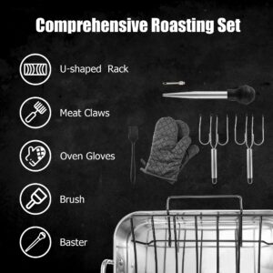 Kaiihome Roasting Pan with Nonstick Rack - 16 inch Stainless Steel Rectangular Turkey Pan with Non-stick U-Shaped Rack, Turkey Roaster Pan for Thanksgiving Party