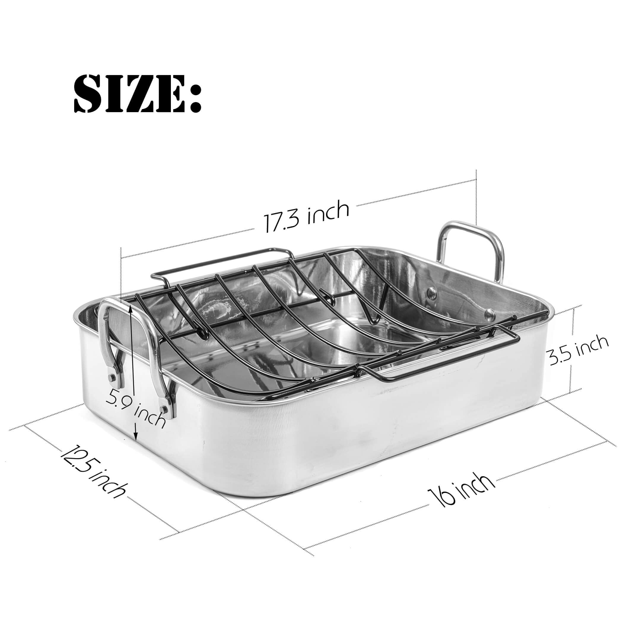 Kaiihome Roasting Pan with Nonstick Rack - 16 inch Stainless Steel Rectangular Turkey Pan with Non-stick U-Shaped Rack, Turkey Roaster Pan for Thanksgiving Party