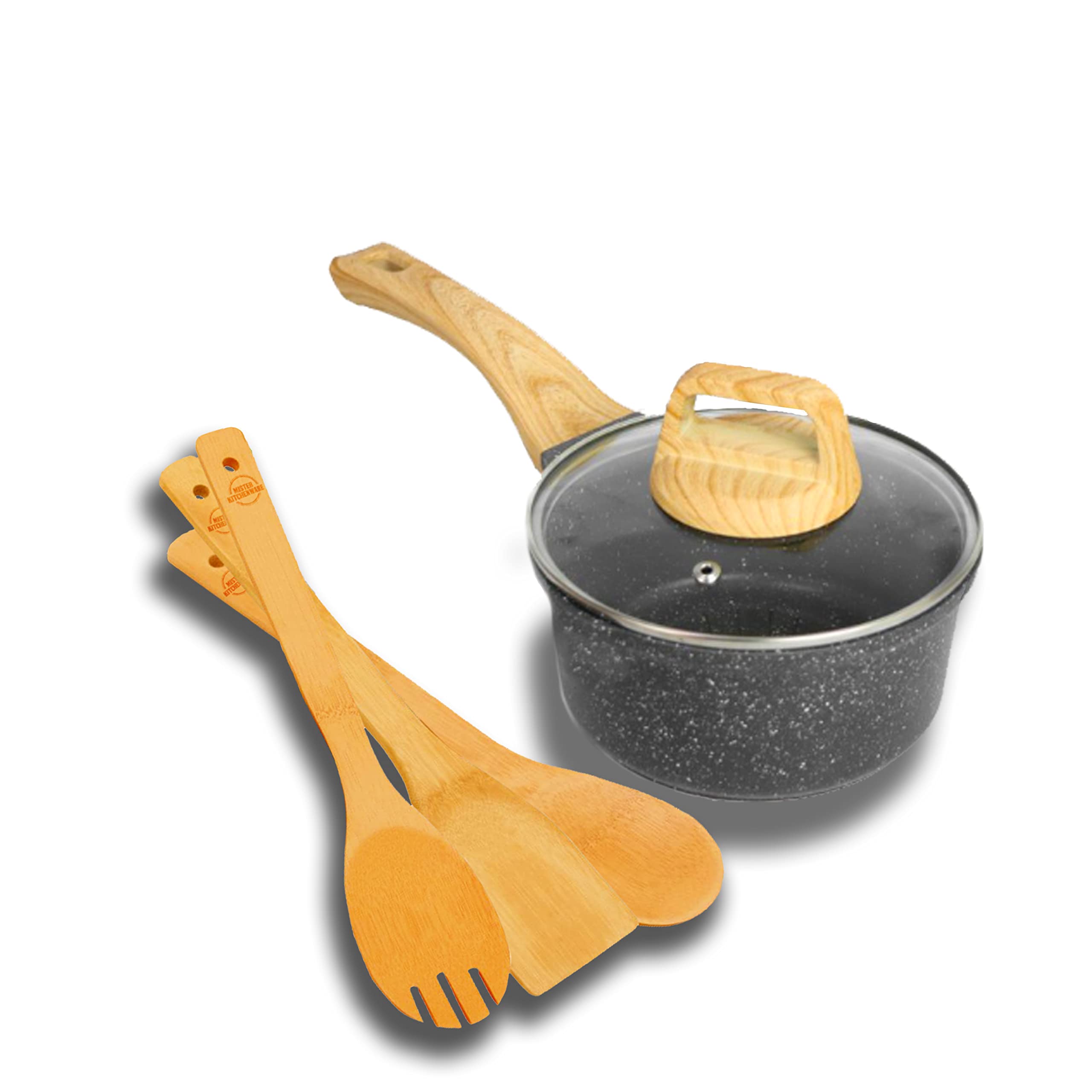 1.7 Quart Sauce Pan with Glass Lid, Nonstick Saucepan, Soup Pot with Granite Coating & Wooden Spoons For Cooking