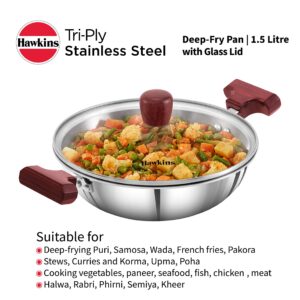 Hawkins 1.5 Litre Deep Fry Pan, Triply Stainless Steel Kadai with Glass Lid, Flat Bottom Induction Kadhai, Small Kadai, Silver (SSD15G)