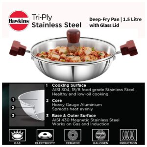 Hawkins 1.5 Litre Deep Fry Pan, Triply Stainless Steel Kadai with Glass Lid, Flat Bottom Induction Kadhai, Small Kadai, Silver (SSD15G)