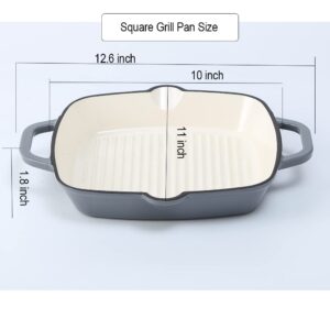 HAWOK Enameled Cast Iron 10 inch Deep Square Grill Pan Gray……