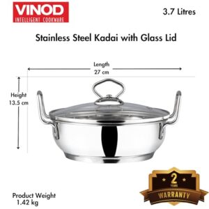 Vinod Cookware Stainless Steel Kadai with Lid 3.7 Liters, IKD 26