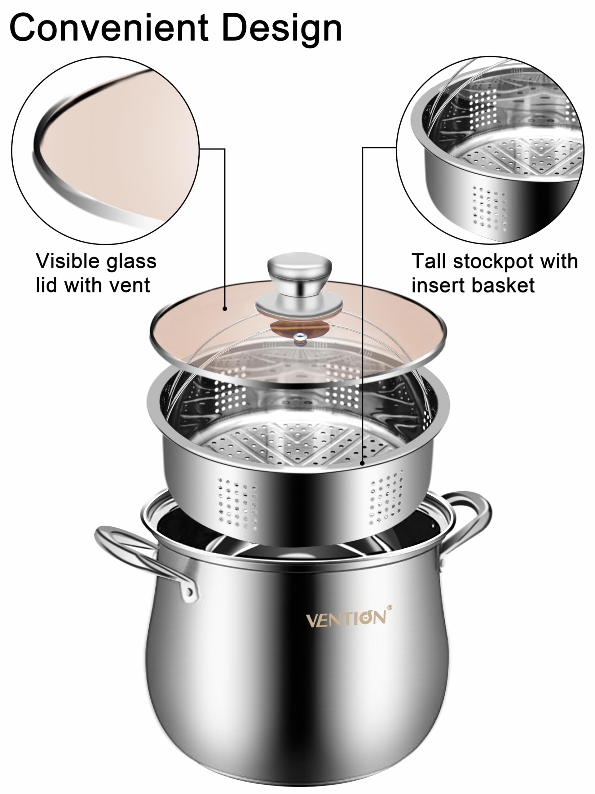 VENTION Stainless Steel Stock Pot with Steamer, 7.8 Quart Stockpot with Lid