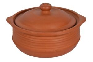 village decor earthen clay cooking pot with lid (capacity = 1000-1500 ml, brown)
