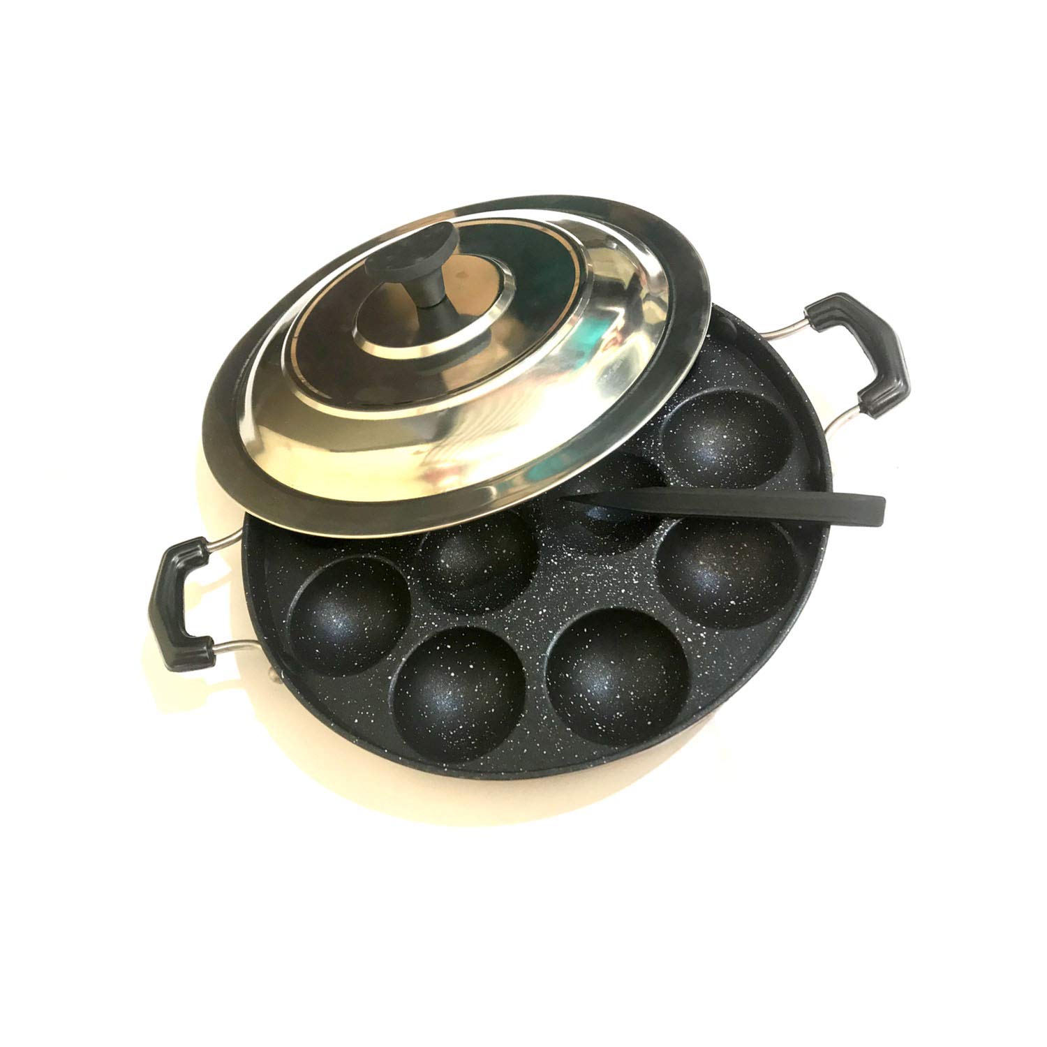 Non Stick Appam Pan 12 Cavity (Pits) Appam Patra Side Handle with Lid Aluminium Paniyaram Appam Pan Aebleskiver Maker