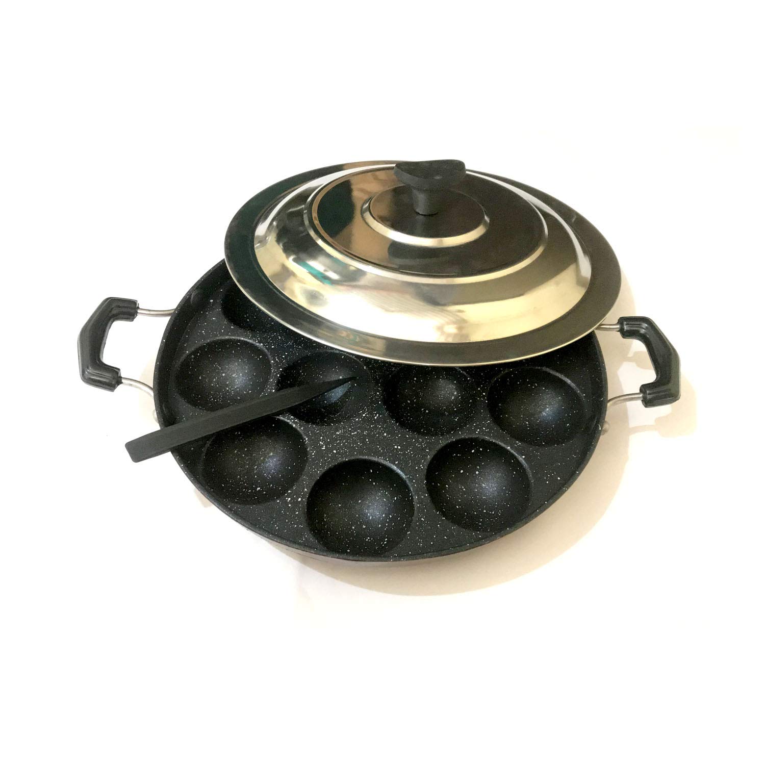 Non Stick Appam Pan 12 Cavity (Pits) Appam Patra Side Handle with Lid Aluminium Paniyaram Appam Pan Aebleskiver Maker