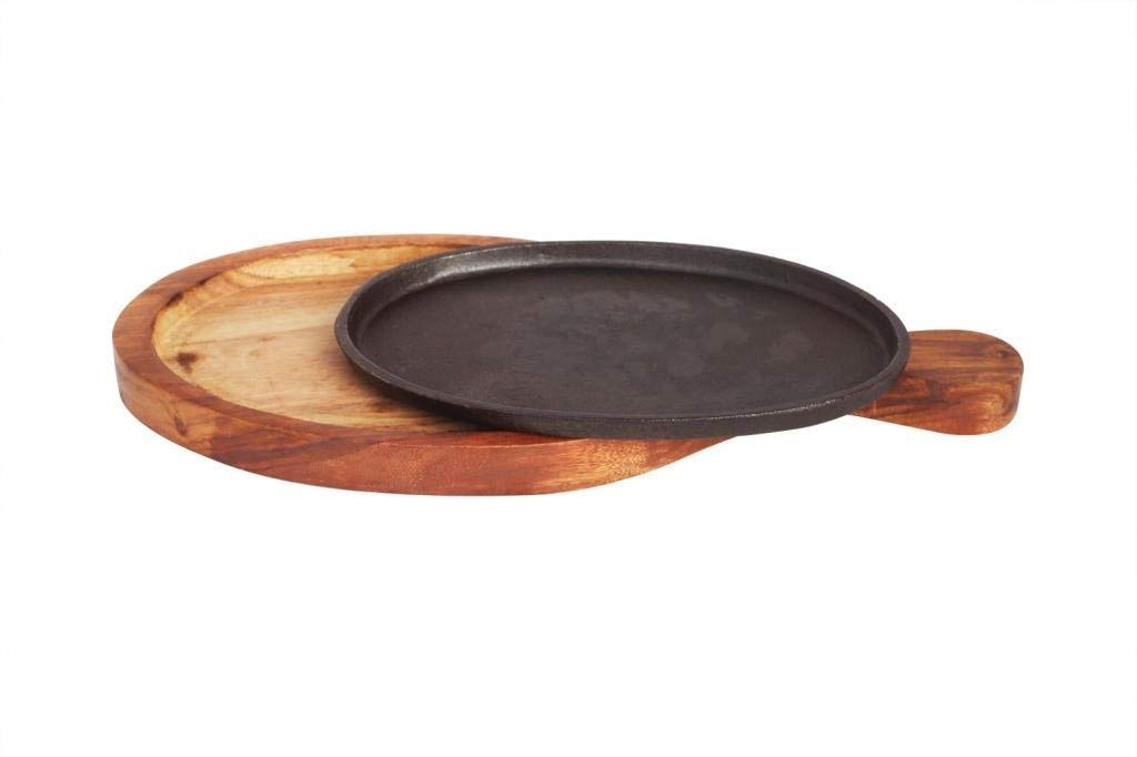 Sahishnu Online & Marketing Fajita Pan with Wooden Tray Handle, Sizzling Brownie Sizzler Plate/Tray with Wooden Base with Handle