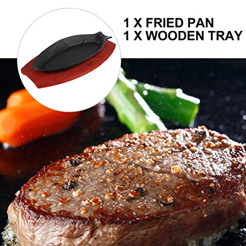 Angoily Small Cast Iron Skillet with Wooden Base, Creative Fish-Shaped Japanese Steak Plate Set for Restaurant Kitchen Cooking Pan Grilling Meats (12.18 X 5.5 X 0.98 inch)