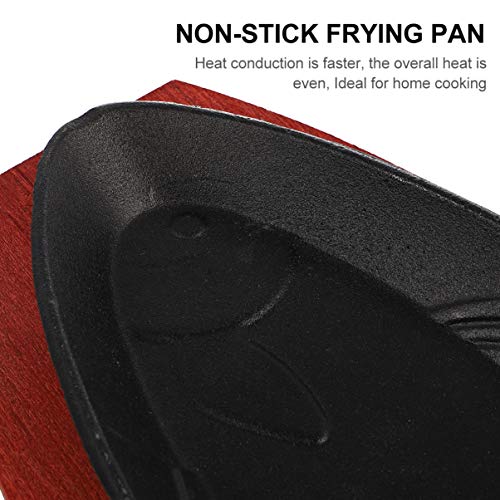 Angoily Small Cast Iron Skillet with Wooden Base, Creative Fish-Shaped Japanese Steak Plate Set for Restaurant Kitchen Cooking Pan Grilling Meats (12.18 X 5.5 X 0.98 inch)