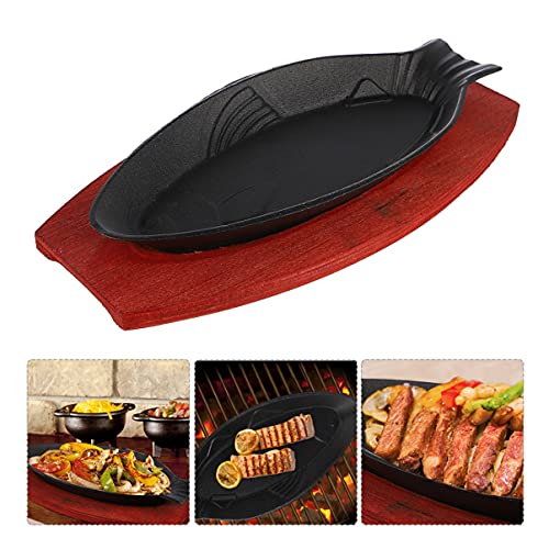 Angoily Small Cast Iron Skillet with Wooden Base, Creative Fish-Shaped Japanese Steak Plate Set for Restaurant Kitchen Cooking Pan Grilling Meats (12.18 X 5.5 X 0.98 inch)