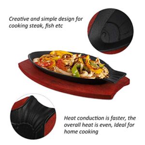 Angoily Small Cast Iron Skillet with Wooden Base, Creative Fish-Shaped Japanese Steak Plate Set for Restaurant Kitchen Cooking Pan Grilling Meats (12.18 X 5.5 X 0.98 inch)