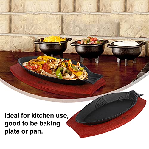 Angoily Small Cast Iron Skillet with Wooden Base, Creative Fish-Shaped Japanese Steak Plate Set for Restaurant Kitchen Cooking Pan Grilling Meats (12.18 X 5.5 X 0.98 inch)