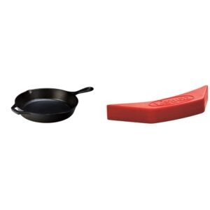 lodge 10.25 inch cast iron pre-seasoned skillet – signature teardrop handle - use in the oven, on the stove, on the grill, or over a campfire, black & asahh41 silicone assist handle holder, red