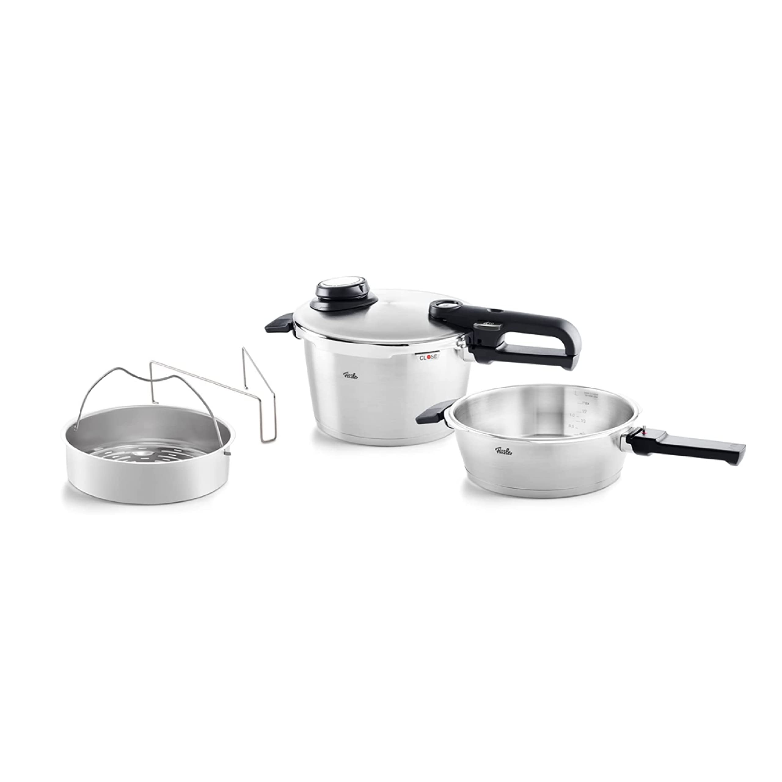 Fissler Vitavit Premium Pressure Cooker and Skillet Set with Steamer Insert, 2.6 Quarts & 4.8 Quarts