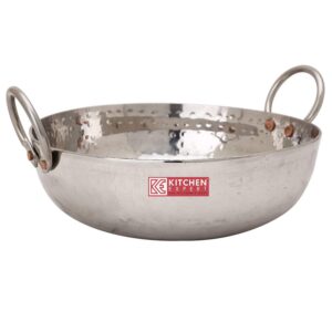 kitchen expert stainless steel hammered kadhai/paella pan for cooking and serving, 8 inch, 1 litre capacity (with handles)