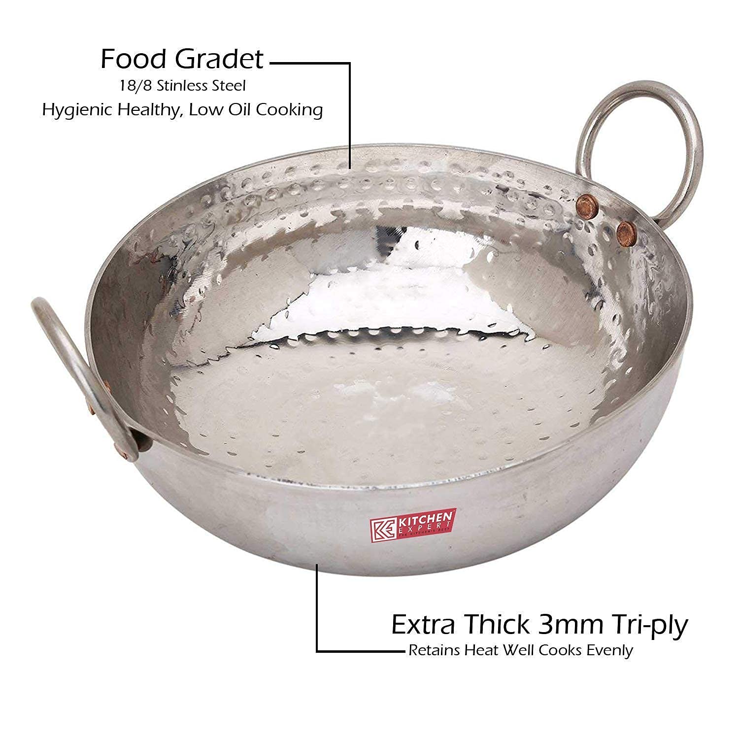 Kitchen Expert Stainless Steel Hammered Kadhai/Paella Pan For Cooking And Serving, 8 inch, 1 litre capacity (With Handles)