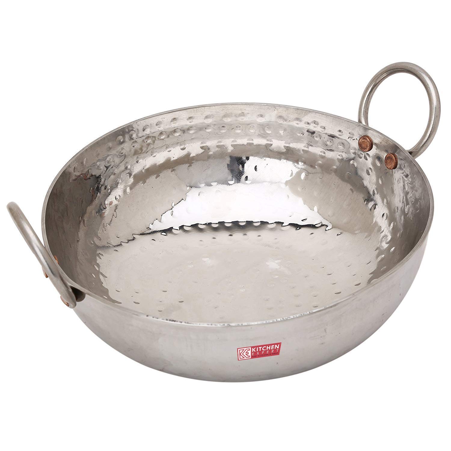 Kitchen Expert Stainless Steel Hammered Kadhai/Paella Pan For Cooking And Serving, 8 inch, 1 litre capacity (With Handles)