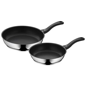wmf devil pans set of 2聽nonstick frying pan coated 24聽28聽cm permadur flame-retardant plastic handle cromargan stainless steel hand wash dfrei induction frying pan, silver, 16聽cm (pack of 2聽units