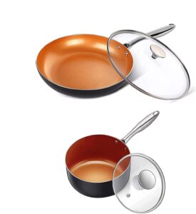 michelangelo 8 inch frying pan + 1 quart saucepan with lid, ceramic nonstick pan set with lid, small nonstick coppper pan set with lid and copper pot and pan
