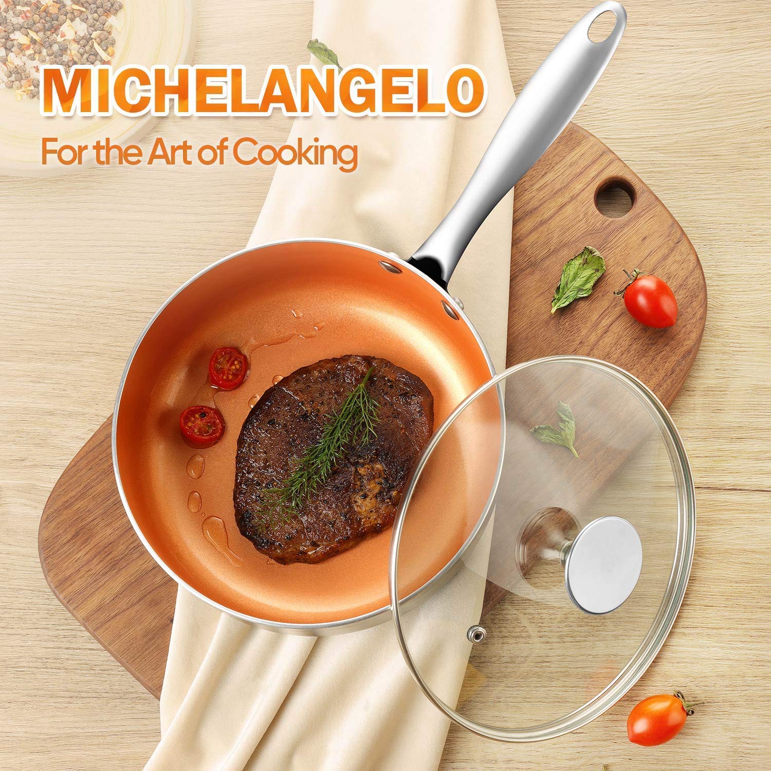 MICHELANGELO 8 Inch Frying Pan + 1 Quart Saucepan with Lid, Ceramic Nonstick Pan Set with Lid, Small Nonstick Coppper Pan Set with Lid and Copper Pot and Pan