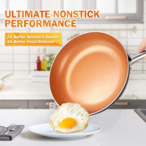 MICHELANGELO 8 Inch + 12 Inch Frying Pan Set, Copper Frying Pan Set with Lid, Nonstick Frying Pan Set, Copper Pans with Lid, Nonstick Skillets with Lid, Ceramic Fry Pan with Lid, 8" + 12"