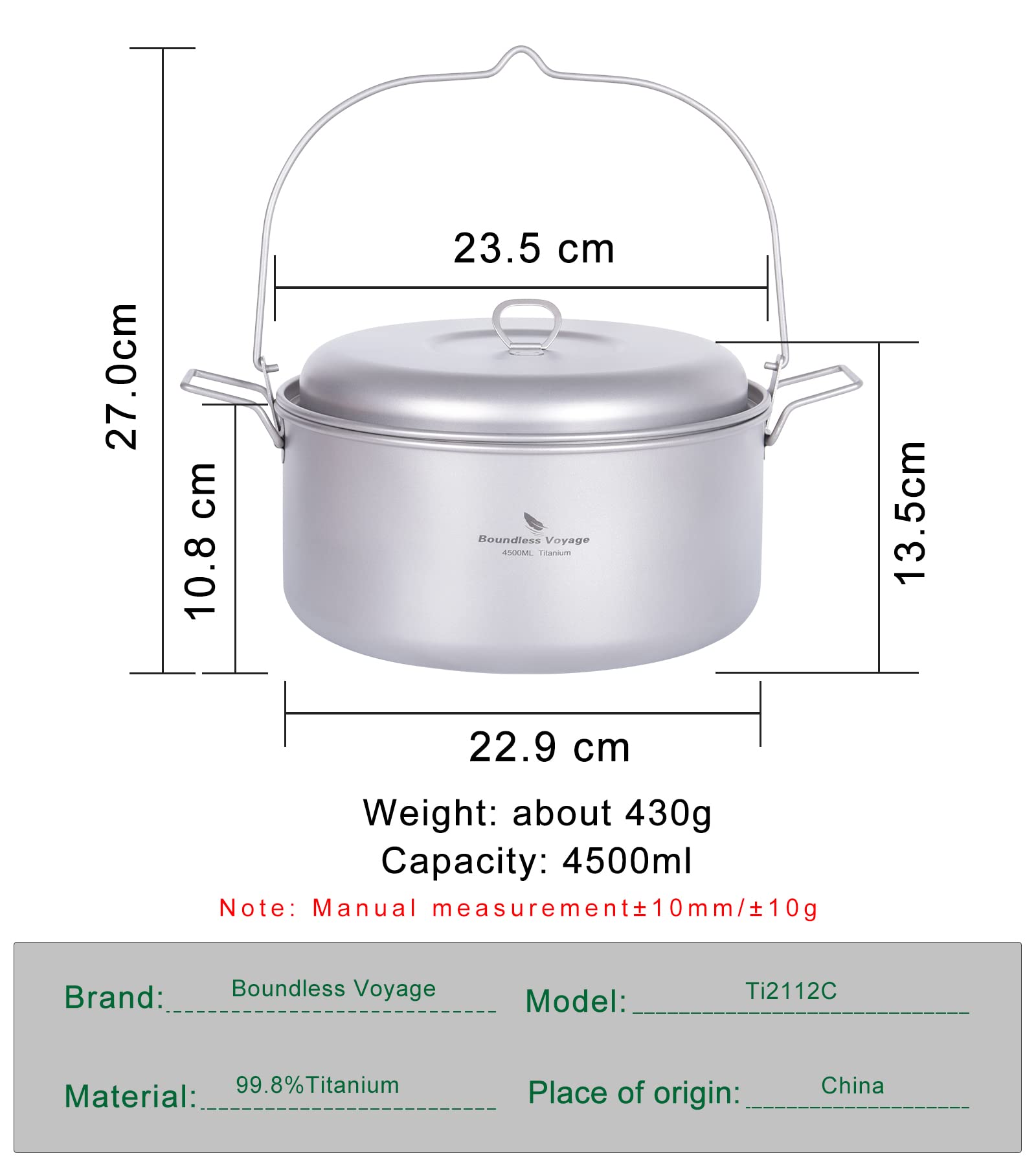 Boundless Voyage Titanium Food Steamer Pan Stock Pot Soup Pot Outdoor Hanging Pot Portable Travel Household Kitchenware Cooking Kit Hot Pot for Camping Picninc (Ti2112C-4.5L stockpot ONLY)