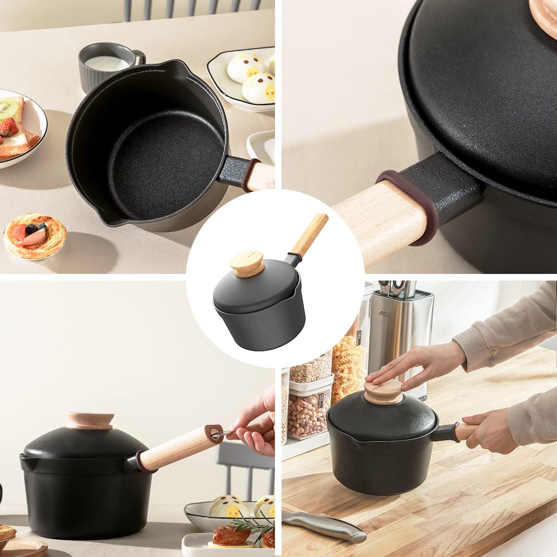 Saucepan with Lid, Sauce Pans Nonstick Milk Pot with Wood Handle, Taste plus 2 Quart Cooking Pot with Pour Spout, PFOA Free Black Soup Pot