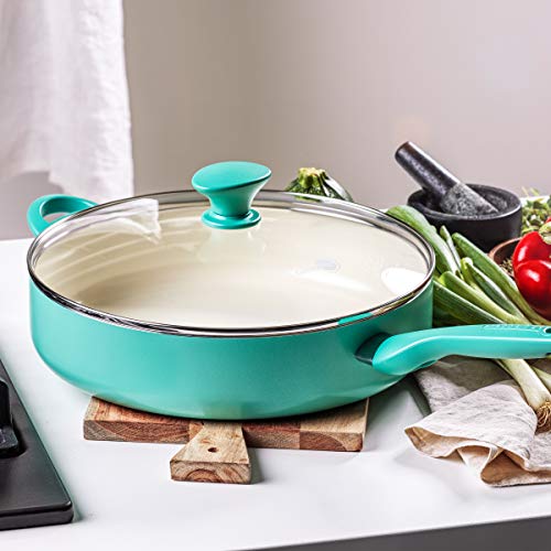 GreenPan Rio Healthy Ceramic Nonstick, Saute Pan with Lid, 5QT, Turquoise