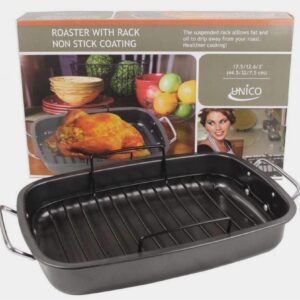 Heavy Gauge, Carbonized Steel, Commercial Kitchen Grade Non-Stick Roaster with Floating Rack for 22 lb Turkey by EuroHome