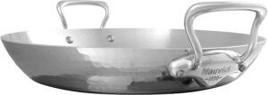 mauviel m'elite 5-ply hammered polished stainless steel paella pan with cast stainless steel handles, 15.7-in, made in france
