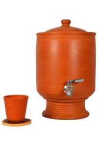 village decor handmade earthen clay water pot | water dispenser includes clay lid, glass and stand, wooden coaster and stainless steel faucet. capacity 7000 ml 236 oz.