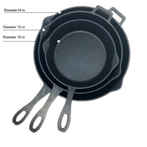 Bayou Classic 10-in 12-in & 14-in Pre-Seasoned Cast Iron Skillet Set Perfect For Searing & Braising or Baking Apple Pies and Cobblers